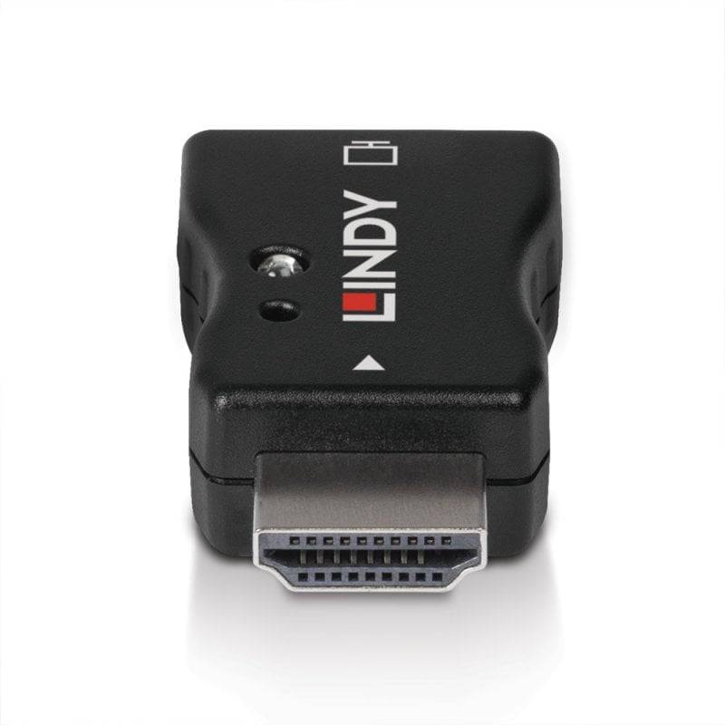 Schwarzer LINDY HDMI-Adapter oder Verbinder mit weiblichem HDMI-Anschluss und Branding auf der Oberseite, gezeigt auf weißem Hintergrund.