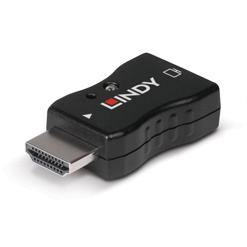 Schwarzer INDY HDMI-Dongle-Adapter mit einem männlichen HDMI-Stecker und kleinem Statusanzeiger, gezeigt auf weißem Hintergrund.