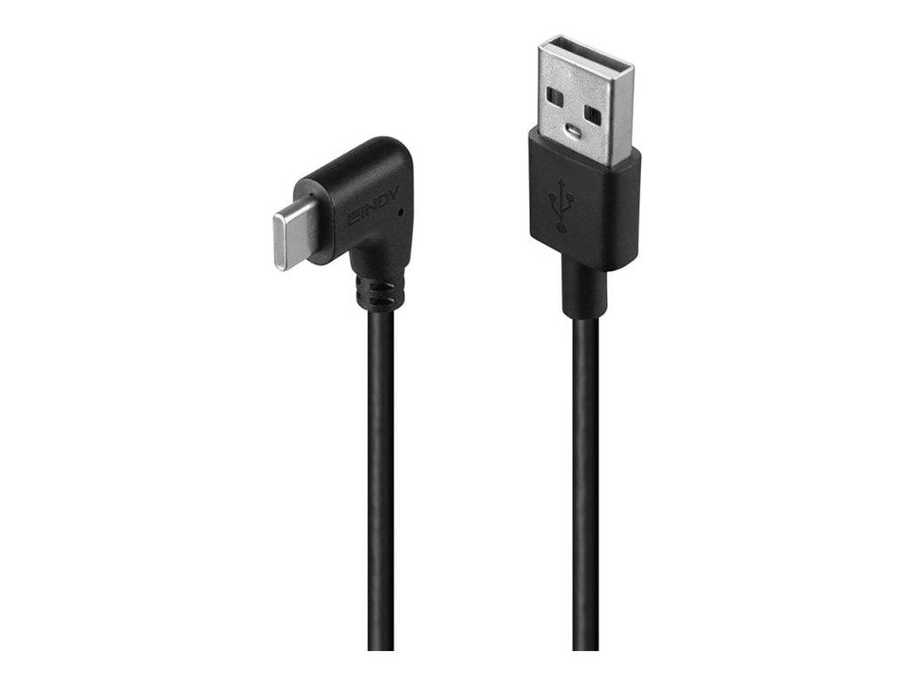 Schwarzes USB-Kabel mit einem abgewinkelten USB-C-Anschluss an einem Ende und einem Standard-USB-A-Stecker am anderen Ende, dargestellt auf weißem Hintergrund