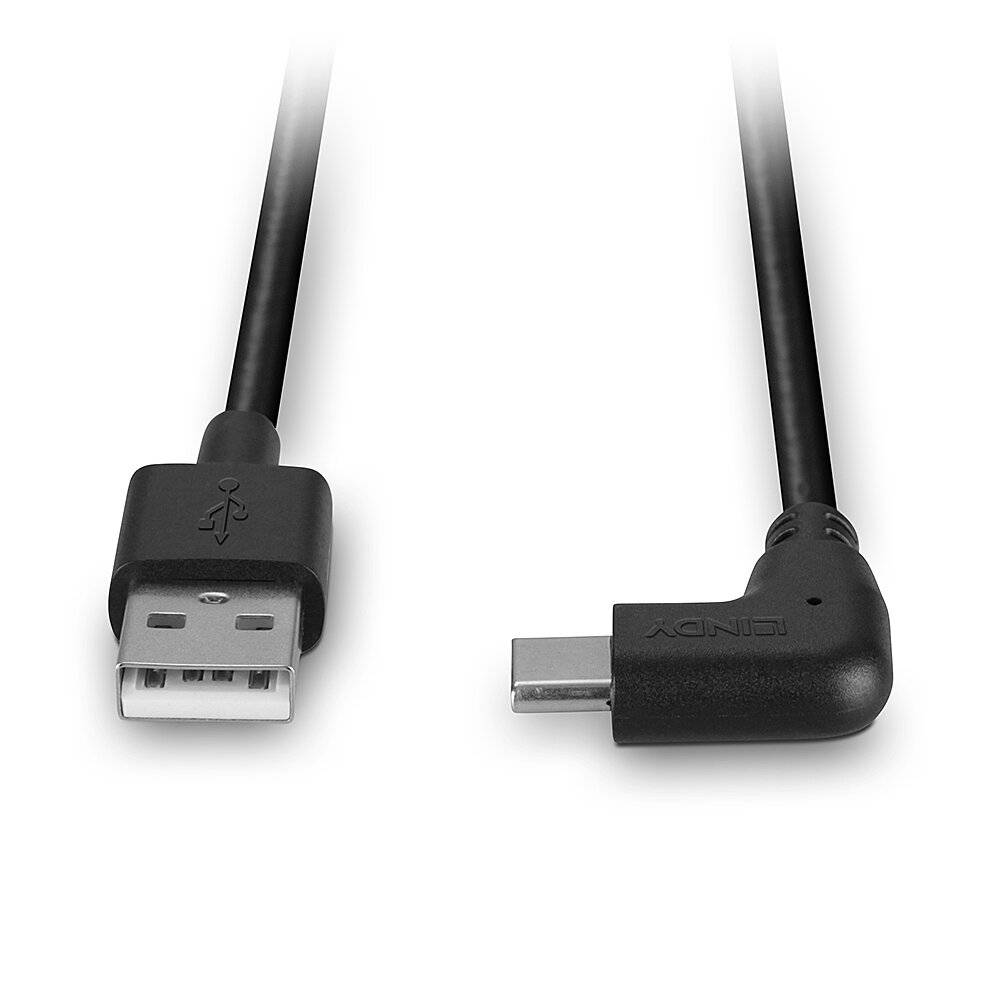 Schwarzes USB-Kabel mit einem Standard-USB-A-Stecker auf der einen Seite und einem rechtwinkligen USB-C-Anschluss auf der anderen Seite