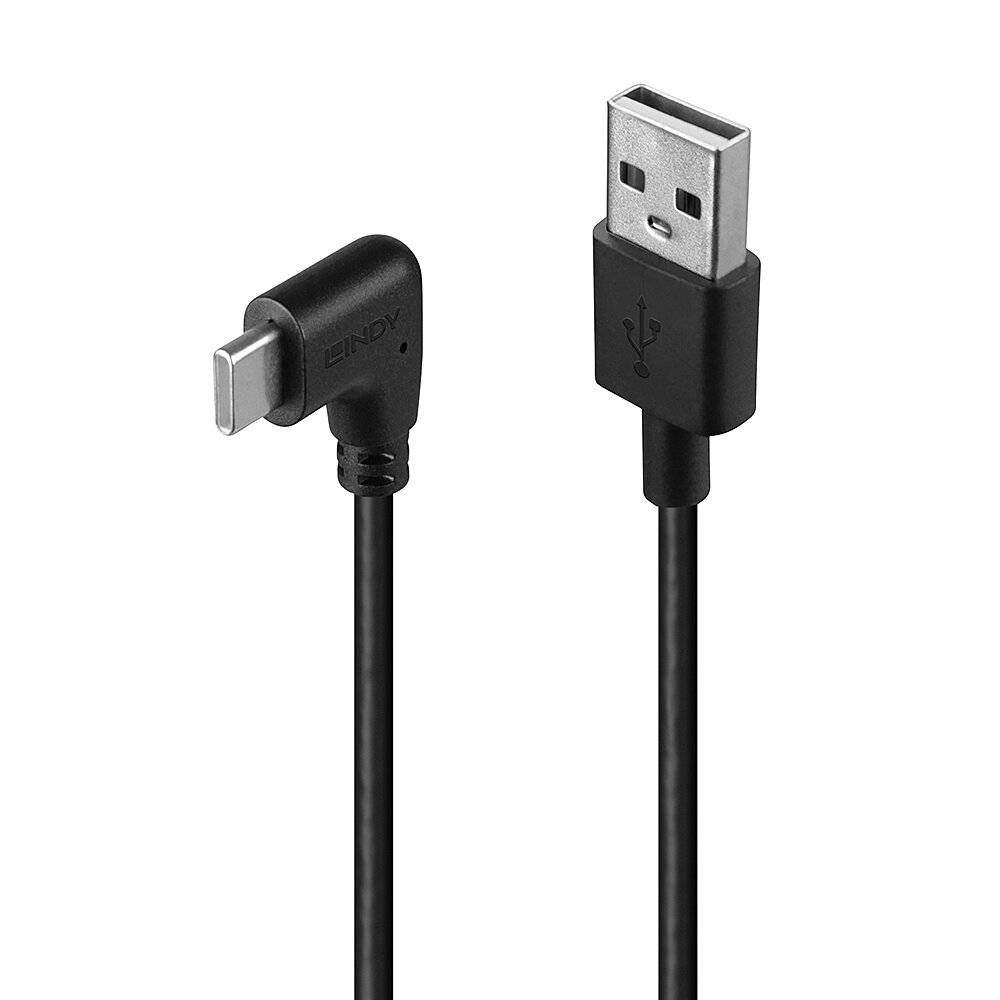 Schwarzes USB-Kabel mit einem gewinkelt angebrachten USB-C-Anschluss an einem Ende und einem Standard-USB-A-Stecker am anderen Ende.