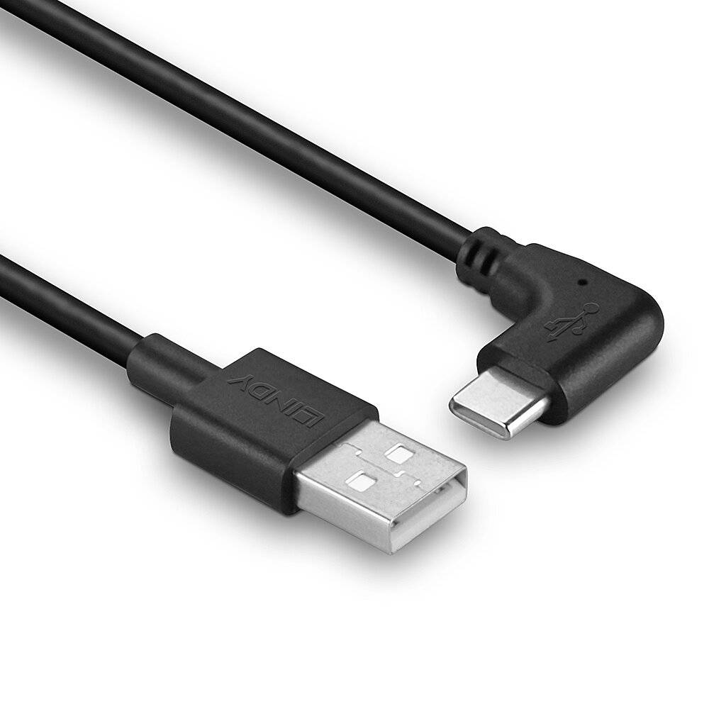 Schwarzes USB-A zu Winkel-USB-C Lade-/Datenkabel auf weißem Hintergrund.