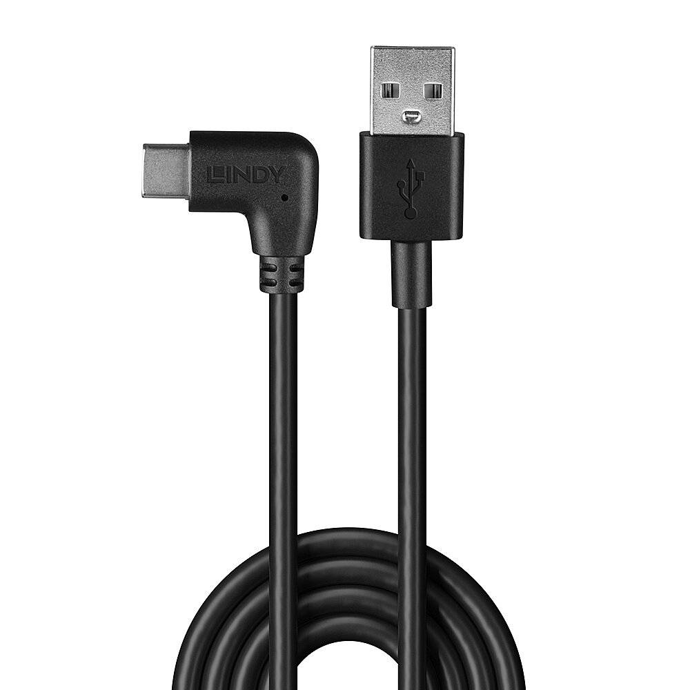 Schwarzes USB-Kabel mit rechtwinkliger USB-C-Verbindung und Standard-USB-A-Stecker, unten aufgewickelt auf weißem Hintergrund.