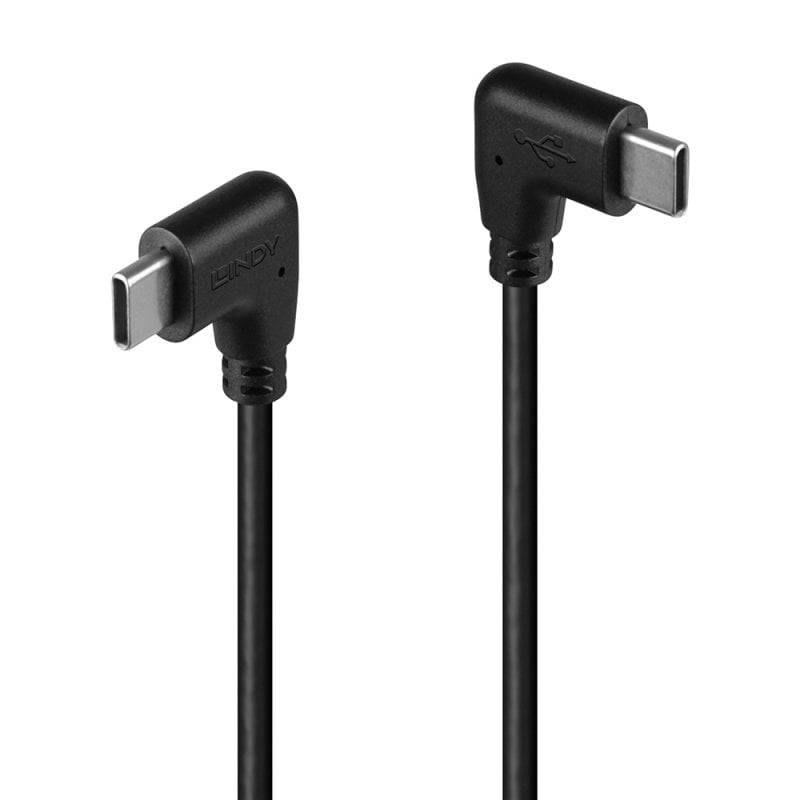 Zwei schwarze USB-C-Kabel mit Winkelsteckern, eines in der Draufsicht und das andere in der Seitenansicht, auf weißem Hintergrund.