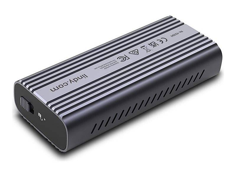 Tragbares silber-schwarzes Indi-y.com-Elektronikgerät mit gerippter Oberseite, belüfteten Seitenseiten und einem Kabelanschluss an einem Ende.