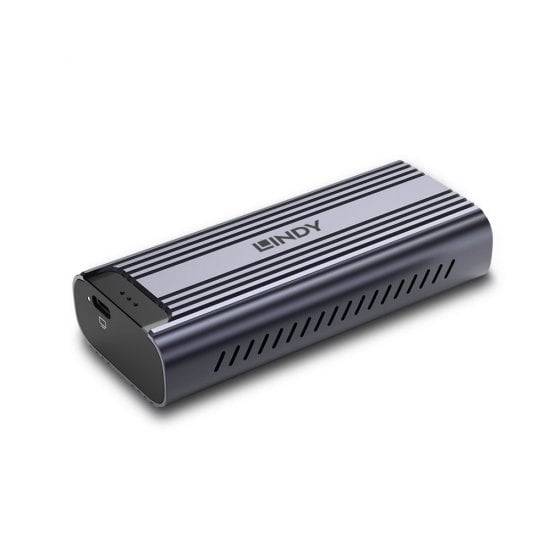 LINDY-Gerät mit Metallgehäuse und tragbarem Design mit Lüftungsschlitzen und USB-C-Anschluss an der Vorderseite, dargestellt auf weißem Hintergrund.