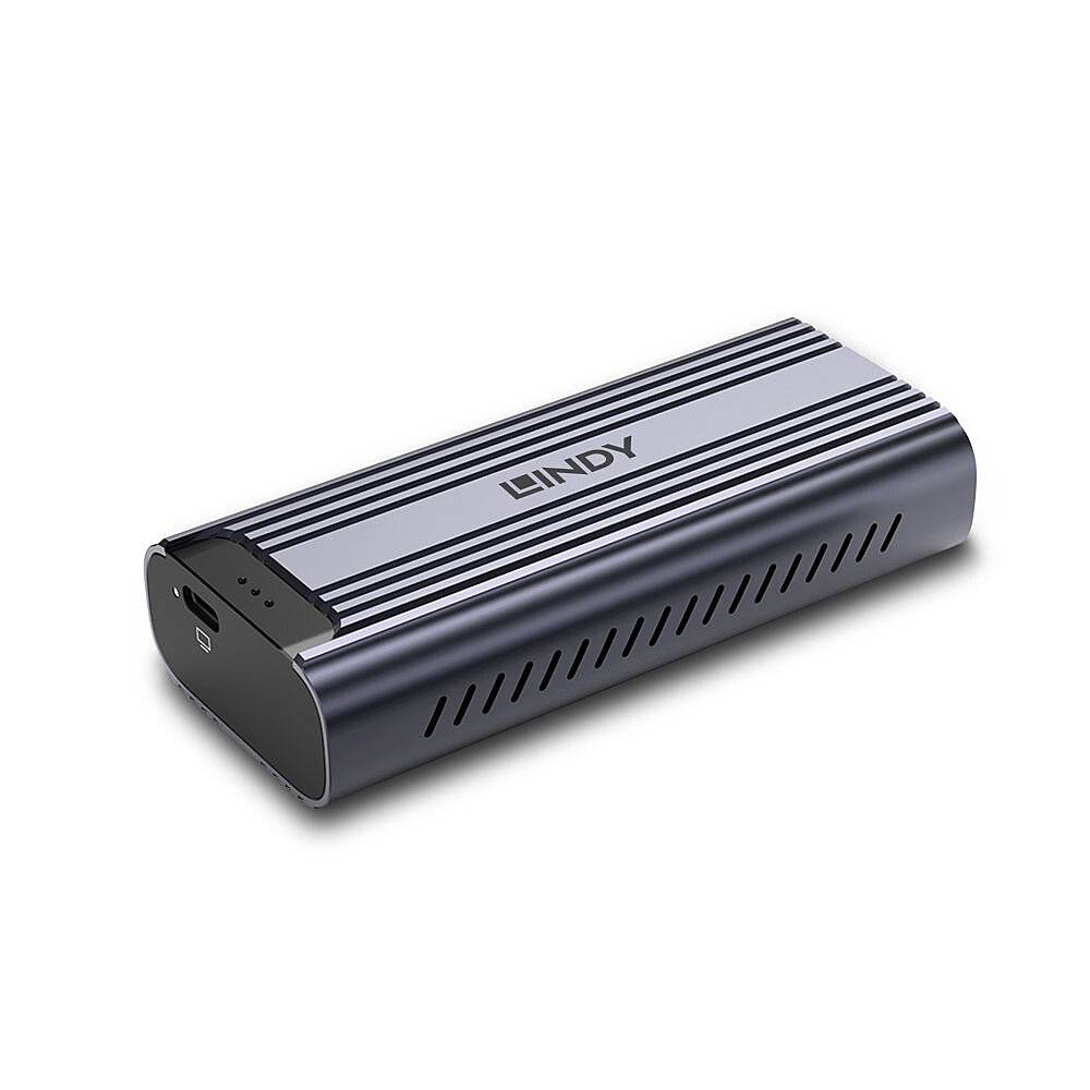Lindy-Marke, kompaktes silber-schwarzes zylindrisches elektronisches Gerät mit Belüftungsschlitzen und USB-C-Anschluss am Ende.