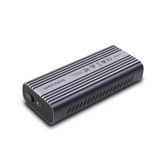 Tragbares schwarz-silbernes elektronisches Gerät mit gerippter Oberseite und Seitenlüftungsöffnungen, gezeigt auf weißem Hintergrund.