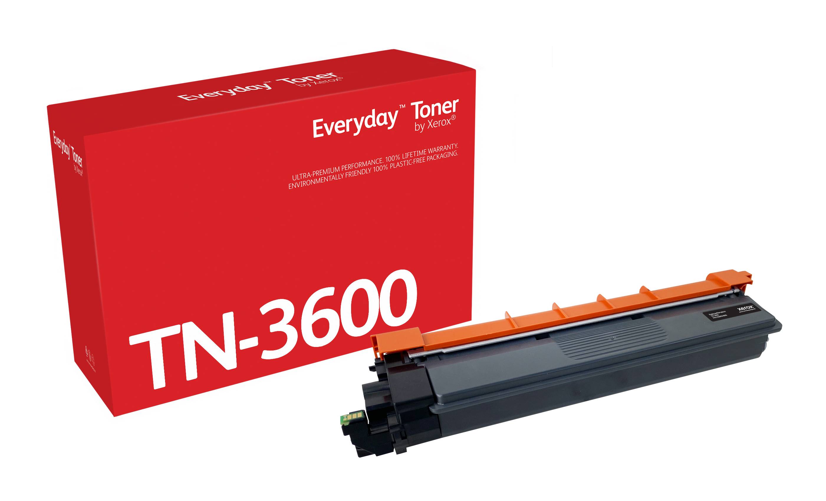 Rote Xerox Everyday Toner TN-3600 Patronenbox mit der schwarzen Tonerpatrone im Vordergrund.