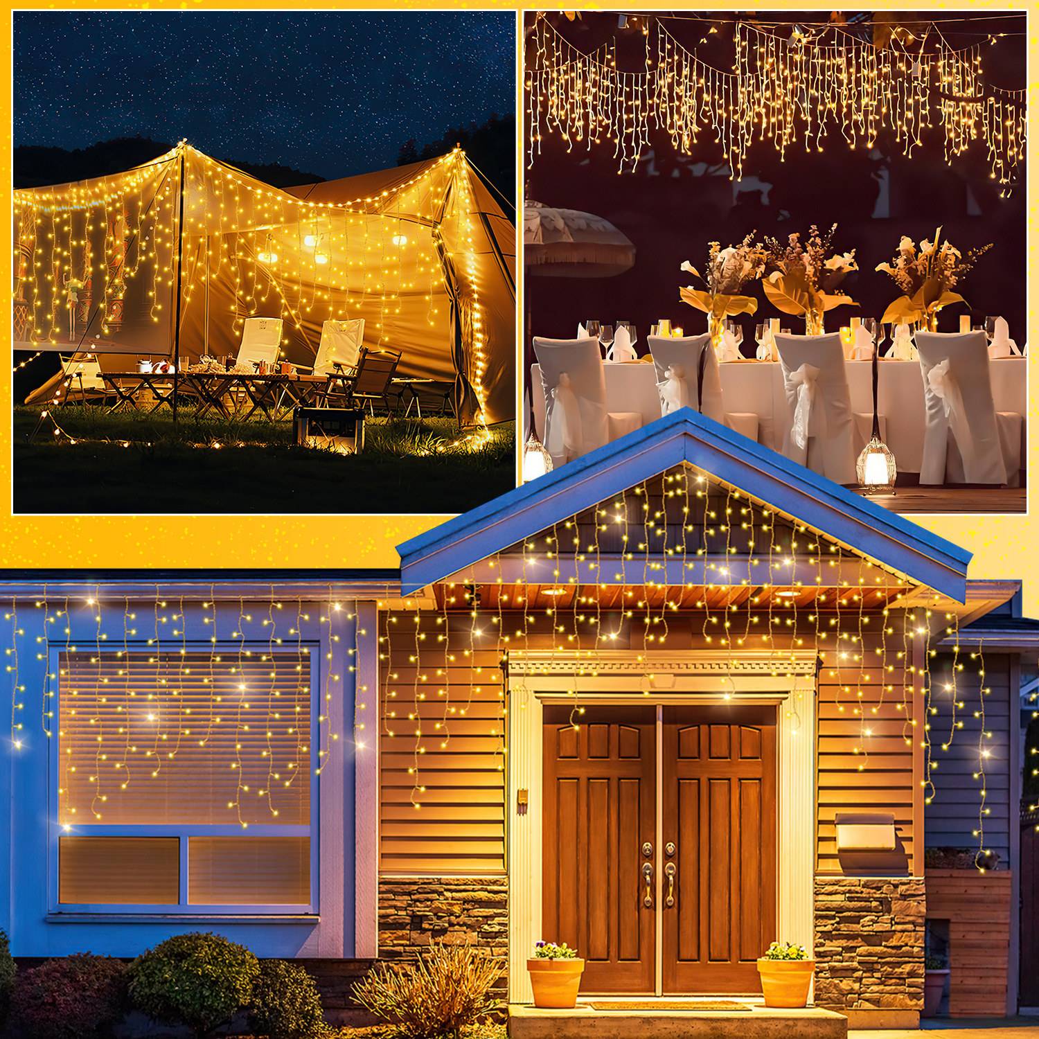 5M Solar LED Eisregen Lichterkette Außen Innen Warmweiß Lichtervorhang 200 LEDs Eiszapfen Weihnachtsbeleuchtung 8 Modi Weihnachtsdeko Party Garten