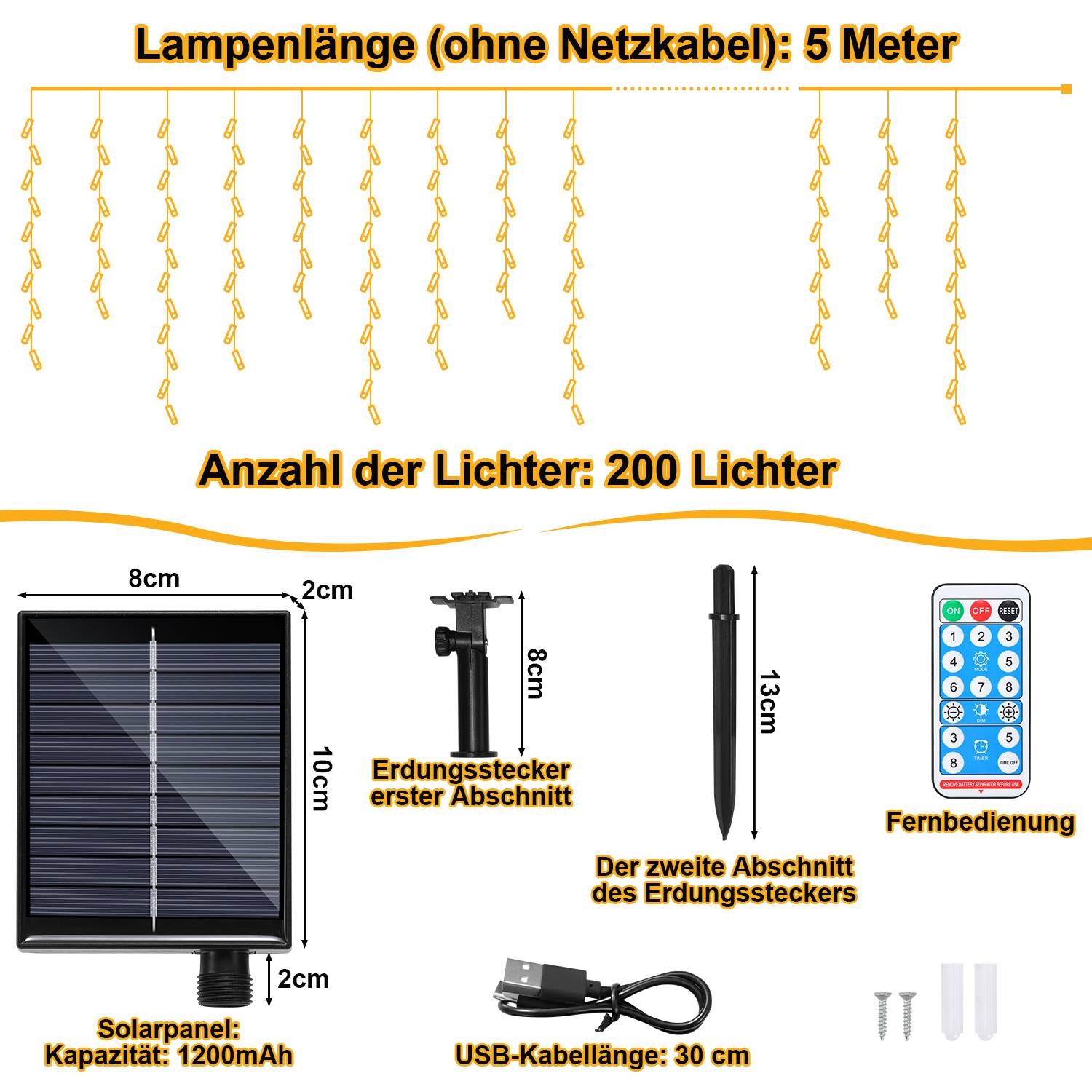 5M Solar LED Eisregen Lichterkette Außen Innen Warmweiß Lichtervorhang 200 LEDs Eiszapfen Weihnachtsbeleuchtung 8 Modi Weihnachtsdeko Party Garten