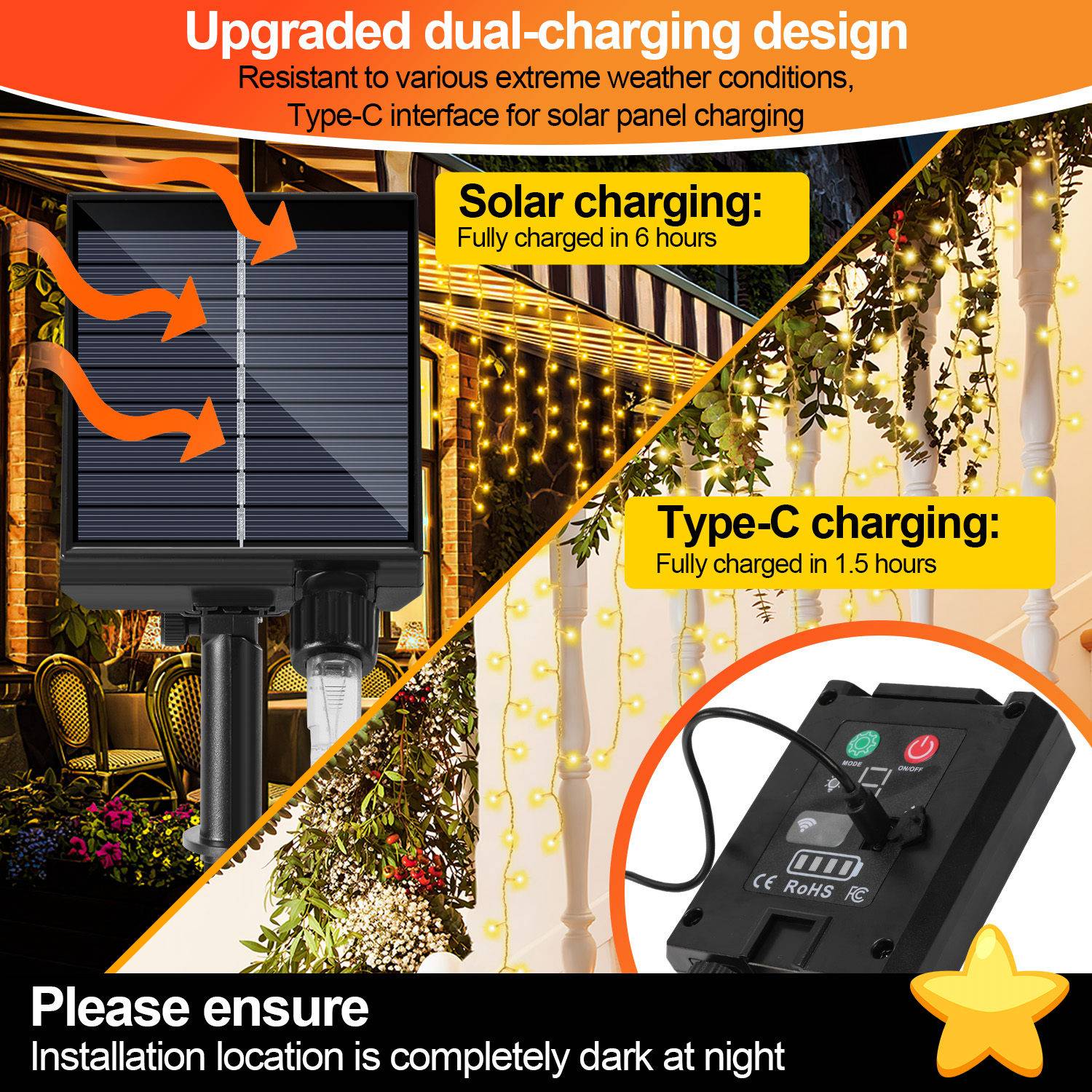 5M Solar LED Eisregen Lichterkette Außen Innen Warmweiß Lichtervorhang 200 LEDs Eiszapfen Weihnachtsbeleuchtung 8 Modi Weihnachtsdeko Party Garten