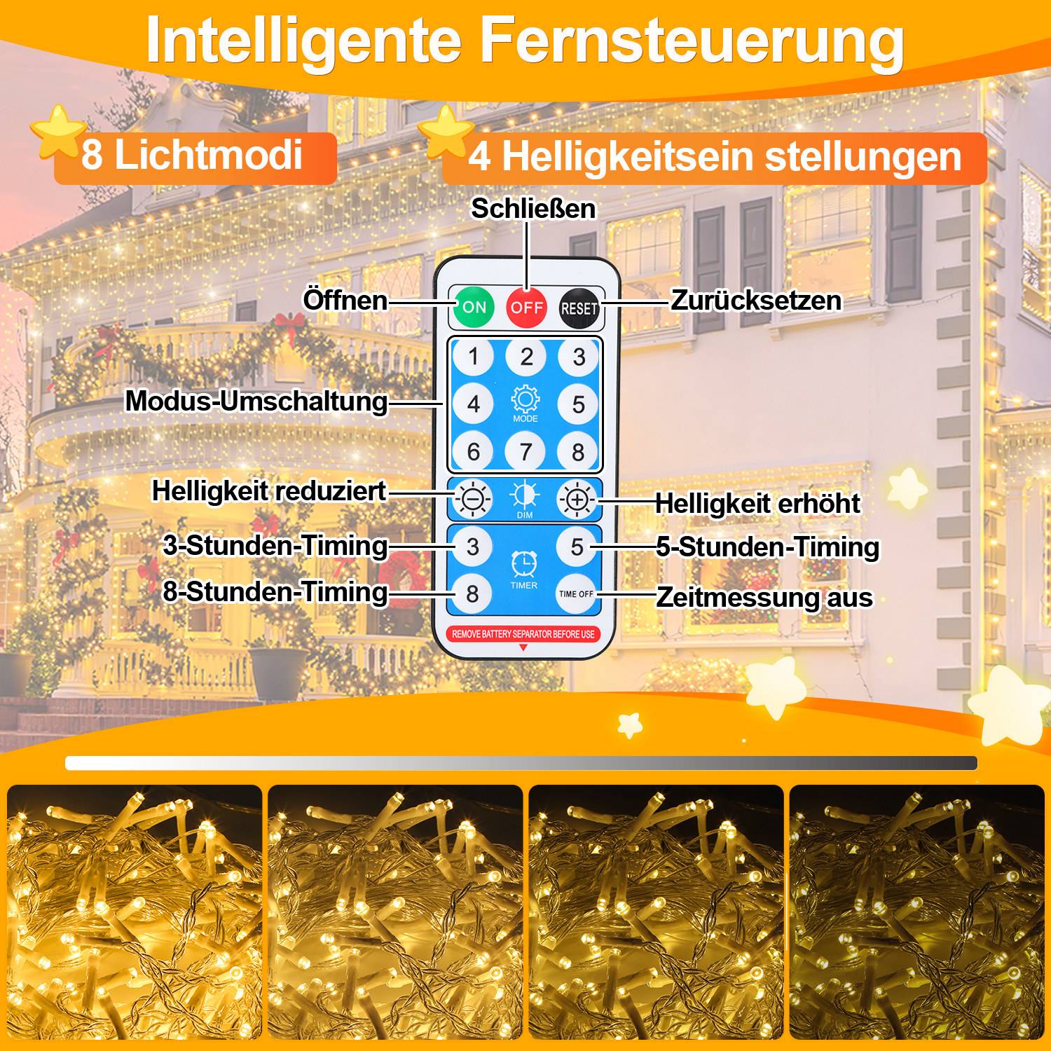 5M Solar LED Eisregen Lichterkette Außen Innen Warmweiß Lichtervorhang 200 LEDs Eiszapfen Weihnachtsbeleuchtung 8 Modi Weihnachtsdeko Party Garten