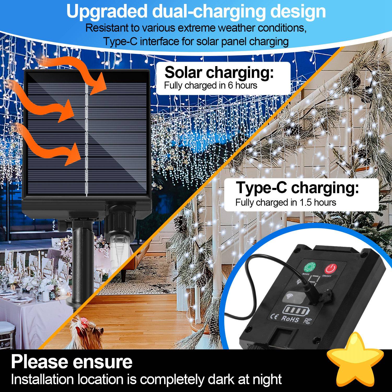 5M Solar LED Eisregen Lichterkette Außen Innen Kaltweiß Lichtervorhang 200 LEDs Eiszapfen Weihnachtsbeleuchtung 8 Modi Weihnachtsdeko Party Garten