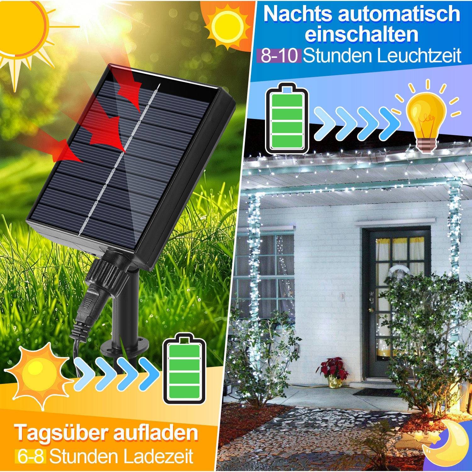 30M 300 LED Solar Lichterkette IP44 8 Modi Innen Außen WeihnachtenParty Garten Hochzeit Wasserdicht Beleuchtung Deko Kaltweiß