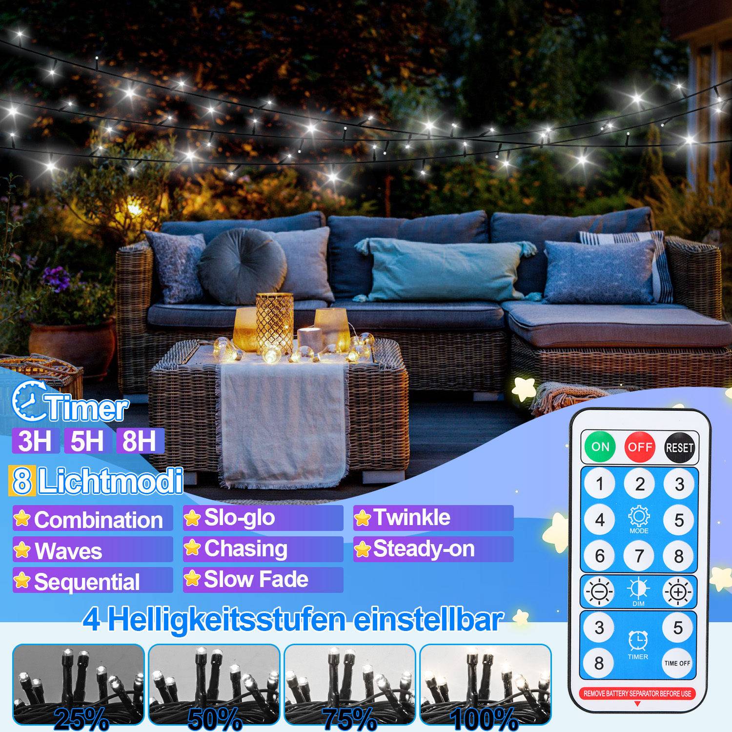 30M 300 LED Solar Lichterkette IP44 8 Modi Innen Außen WeihnachtenParty Garten Hochzeit Wasserdicht Beleuchtung Deko Kaltweiß