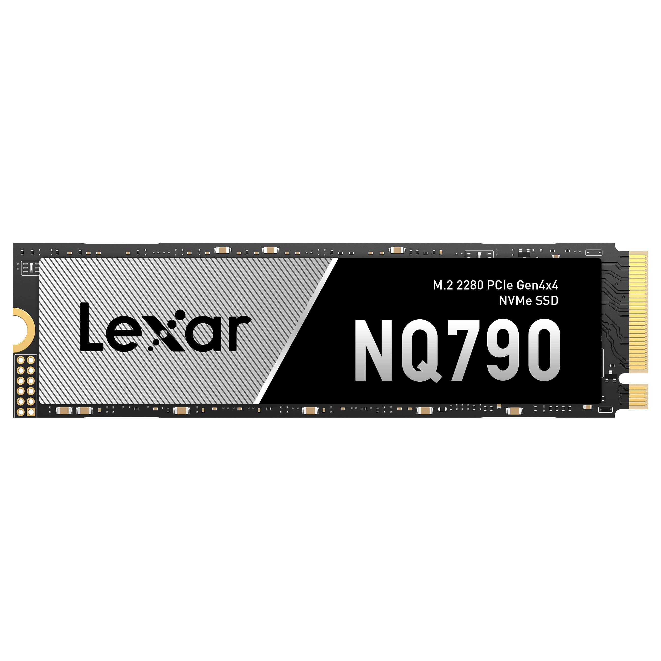 Ein horizontal angezeigtes Lexar NQ790 M.2 2280 PCIe Gen4x4 NVMe SSD, das sein Etikett und die goldene Verbindungsschnittstelle auf der rechten Seite zeigt.