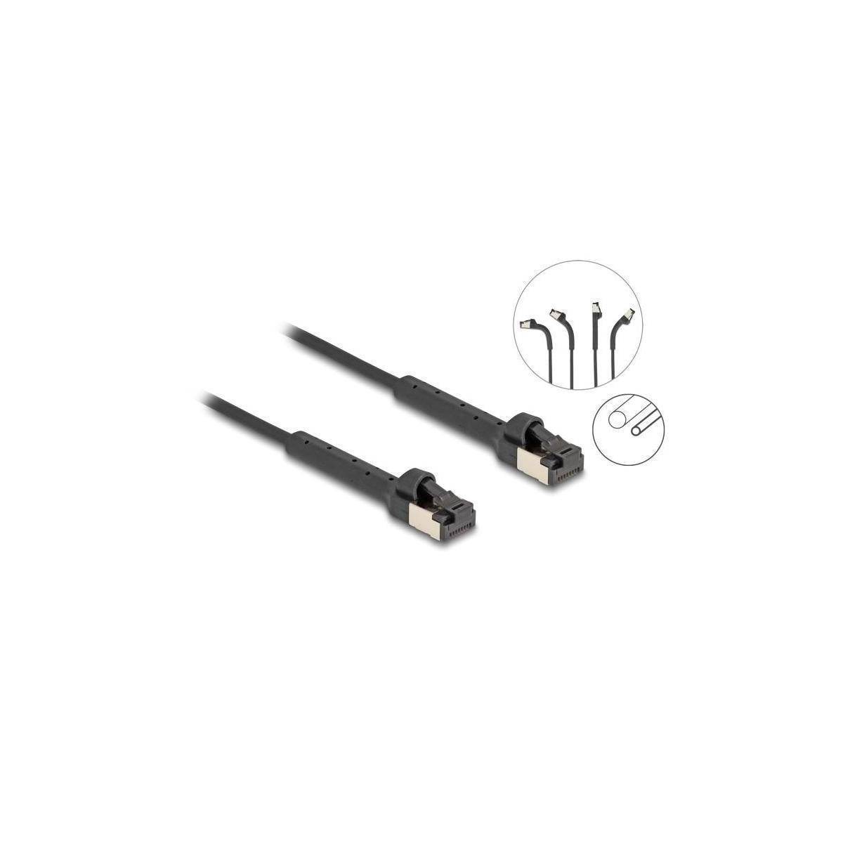 Schwarzes RJ45 flaches Cat 6 Ethernet-Kabel mit Anschlüssen; in verschiedenen Winkeln in einem kleinen Einsatzkreis dargestellt.