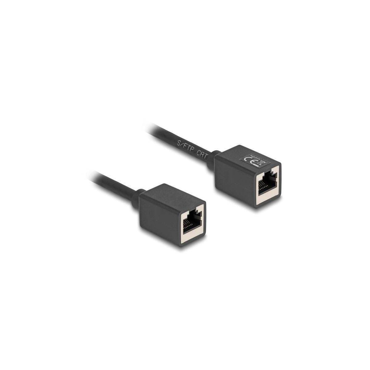 CAT 6A Ethernet-Kabelverbinder mit weiblichen RJ45-Anschlüssen an beiden Enden, entwickelt zum Verbinden von zwei Ethernet-Kabeln für Netzerweiterung.