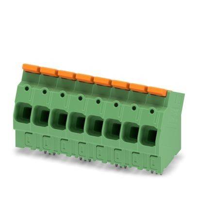 Ein grüner Steckerblock mit sechs orangefarbenen Oberlaschen, die für Verdrahtungsverbindungen in elektronischen Geräten verwendet werden.