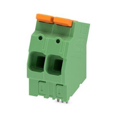 Grüner, zweikanaliger elektrischer Stecker mit orangefarbenen Hebeln, verwendet für sichere Drahtverbindungen in elektronischen oder elektrischen Systemen.
