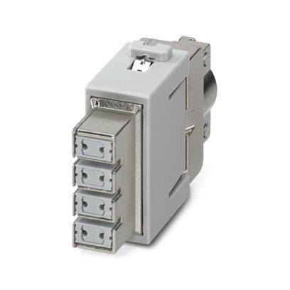Ein Quad-LC-Glasfaseradapter mit Metallgehäuse, der zur Verbindung von vier LC-Steckern zur Datenübertragung ausgelegt ist.