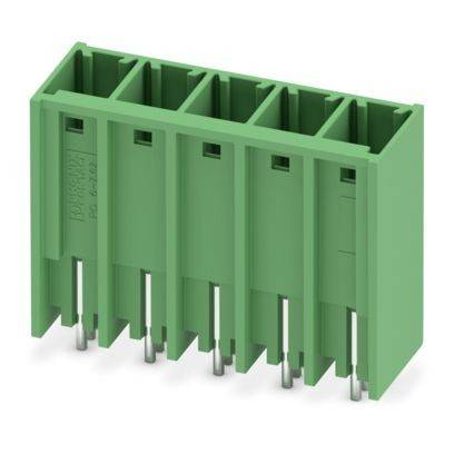 Ein grüner Kunststoff-Elektrostecker mit fünf Schlitzen und Metallstiften, die aus der Basis hervorragen, wird verwendet, um Drähte in einem elektronischen Gerät zu verbinden und zu sichern.