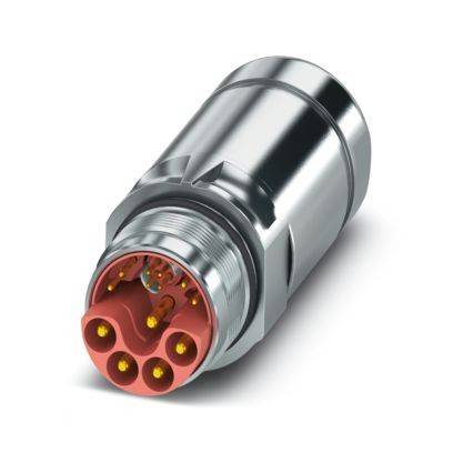 Ein Metallstecker mit mehrpoligem roten Inneren, der für sichere elektrische Verbindungen in Maschinen oder elektronischen Geräten verwendet wird.