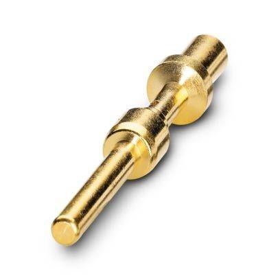 Ein vergoldeter Metallstift mit zwei breiteren Abschnitten zur Verbindung, der in elektronischen Geräten verwendet wird. Der Stift reflektiert Licht und zeigt eine glatte Oberfläche.