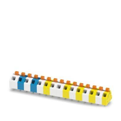 Eine Reihe von Elektroklemmen in Weiß, Gelb und Blau mit orangefarbenen Clips, die zum sicheren Anschließen von Elektrokabeln verwendet werden.
