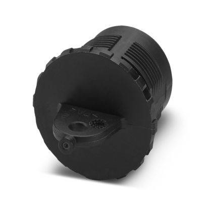 Eine schwarze, zylindrische elektronische Komponente mit geriffelt strukturierter Oberfläche und einer kleinen Befestigungshalterung, wahrscheinlich ein elektrischer Stecker oder Sensor.