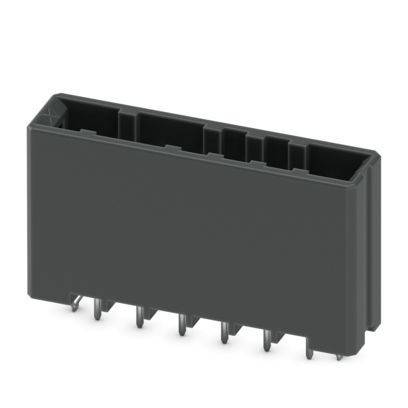 Ein schwarzer Kunststoff-Elektrostecker mit mehreren Stiften auf der Unterseite, der für Schaltkreisplatinen-Verbindungen in elektronischen Geräten verwendet wird.