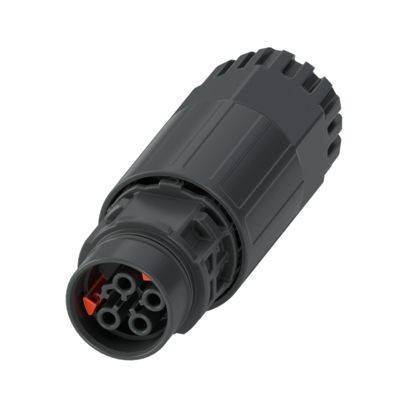 Ein schwarzer zylindrischer elektronischer Stecker mit mehreren Stiften im Inneren, entwickelt für sichere und effiziente elektrische Verbindungen.
