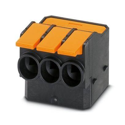 Ein schwarz-oranger Drei-Loch-Drahtverbinder für elektrische Verbindungen, der Sicherheit und sichere Kabelverbindung betont.