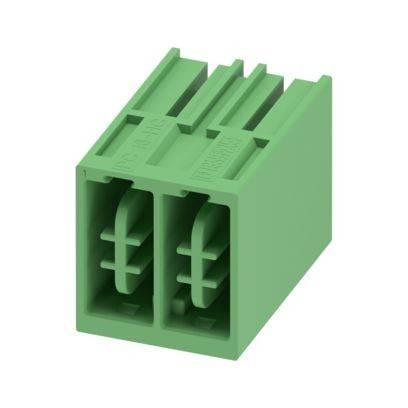 Ein grüner Elektrostecker mit zwei rechteckigen Buchsen, die zum Einstecken ausgelegt sind.