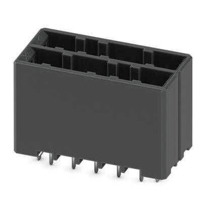Ein schwarzer rechteckiger elektronischer Stecker mit mehreren Kontakten, konzipiert für Leiterplattenanwendungen, aus einer schrägansicht dargestellt.