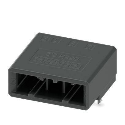 Ein schwarzer Elektrostecker mit Doppelschlitzen und gekennzeichneter Oberseite, entwickelt für modulare elektronische Anwendungen.