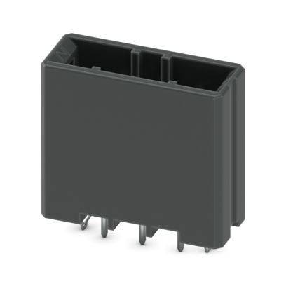 Ein rechteckiger schwarzer Kunststoffstecker mit mehreren Metallstiften an der Unterseite für elektronische Schaltungsverbindungen.