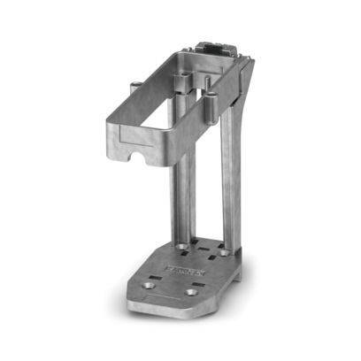 Ein Metallhalter oder Montagekomponent, entworfen mit einem rechteckigen Rahmen und einer Basis, wahrscheinlich zur Befestigung oder Unterstützung von Ausrüstung verwendet.