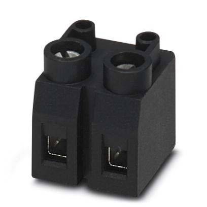 Ein schwarzer Zweipol-Schraubklemmenblock für elektrische Verbindungen mit kreisförmigen Schraubkappen oben.