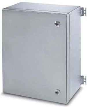 Ein Elektrischer Gehäuse aus Edelstahl mit glatter Oberfläche, rechteckiger Form und sichtbaren Scharnieren auf der rechten Seite.