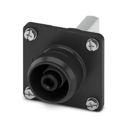 Eine schwarze Steckdose mit quadratischer Montageplatte, ausgestattet mit vier Schrauben an den Ecken.