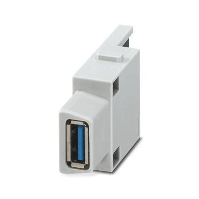 Eine Nahaufnahme eines weißen USB-Steckermoduls mit einem blauen USB-Anschluss, entwickelt zur Installation in modularen Schalterdosen oder Steckdosenelementen.