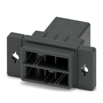 Ein schwarzer rechteckiger elektrischer Stecker mit vier Schlitzen, mit Befestigungslöchern auf jeder Seite, entwickelt für modulare Verkabelungssysteme.