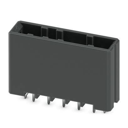 Ein schwarzer rechteckiger elektronischer Stecker mit mehreren Metallstiften, die sich von unten erstrecken.