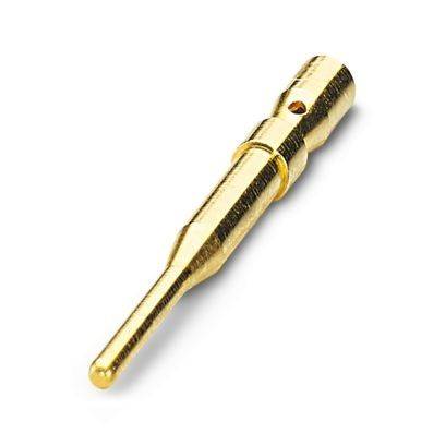 Ein Goldverbindungsstift mit zylindrischer Grundfläche und spitzer Spitze, der häufig für elektronische Bauteile verwendet wird.
