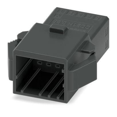 Ein rechteckiger dunkelgrauer Kunststoff-Elektronikstecker mit mehreren Steckplätzen für Stifte, geeignet zur sicheren Verbindung elektronischer Komponenten.