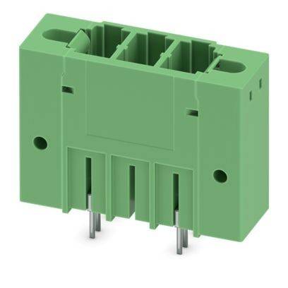 Ein grüner, rechteckiger Elektrostecker mit mehreren Schlitzen und Metallstiften, der für Leiterplattensteckverbindungen verwendet wird.
