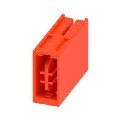 Ein 3D-Modell eines orangefarbenen Bausteins mit mehreren Rippen und einem hohlen Zentrum, das einem Spielzeugbaustein ähnelt.