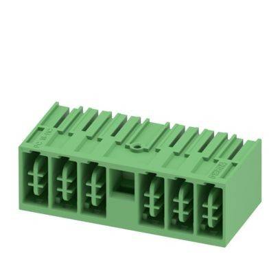 Ein grüner, rechteckiger Verdrahtungsstecker mit fünf Schlitzen, typischerweise für elektronische oder elektrische Anwendungen verwendet.
